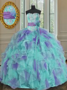 Multi-color Organza Lace Up Sweetheart Sleeveless Floor Length Sweet 16 Quinceanera Dress Beading and Appliques and Ruff