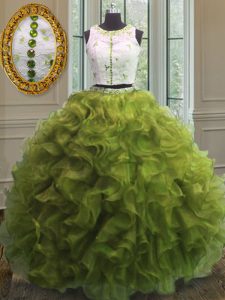 Fine Olive Green Scoop Neckline Appliques and Ruffles Quince Ball Gowns Sleeveless Clasp Handle