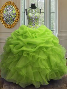 Scoop Organza Lace Up Quinceanera Dress Sleeveless Floor Length Beading and Ruffles and Pick Ups
