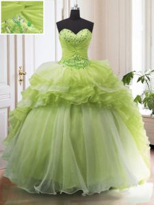 Custom Design Sweetheart Sleeveless Organza Sweet 16 Dress Beading and Ruffled Layers Sweep Train Lace Up