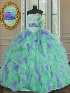 Multi-color Lace Up Beading and Appliques and Ruffles and Sashes ribbons and Hand Made Flower Quinceanera Dresses Organz