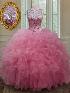 Spectacular Scoop Rose Pink Sleeveless Floor Length Beading and Ruffles Lace Up Quinceanera Gown