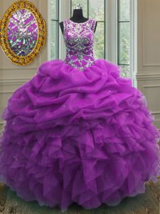 Great Scoop Purple Ball Gowns Beading and Ruffles and Pick Ups Quince Ball Gowns Lace Up Organza Sleeveless Floor Length