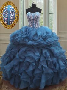 Designer Teal Lace Up Sweet 16 Quinceanera Dress Beading and Ruffles Sleeveless Floor Length