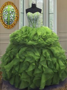 Green Sweetheart Neckline Beading and Ruffles Sweet 16 Dresses Sleeveless Lace Up