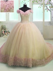 Best Off the Shoulder Organza Short Sleeves With Train Vestidos de Quinceanera Court Train and Hand Made Flower