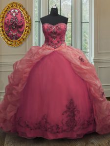 Sleeveless Court Train Beading and Appliques and Pick Ups Lace Up Quince Ball Gowns