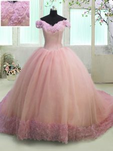 Pink Sweet 16 Dress Military Ball and Sweet 16 and Quinceanera and For with Hand Made Flower Off The Shoulder Short Slee