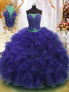 Strapless Sleeveless Sweet 16 Dresses Floor Length Beading and Ruffles Purple Organza