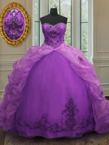 Purple Sleeveless Court Train Beading and Appliques and Pick Ups With Train Ball Gown Prom Dress