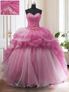 Ruffled Sweep Train Ball Gowns Sweet 16 Dress Rose Pink Sweetheart Organza Sleeveless With Train Lace Up