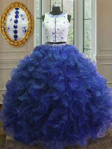 Clasp Handle Scoop Sleeveless Sweet 16 Dress Floor Length Appliques and Ruffles Royal Blue Organza