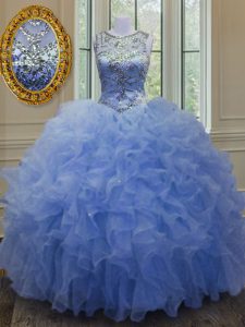 Scoop Sleeveless Quinceanera Gowns Floor Length Beading and Ruffles Blue Organza