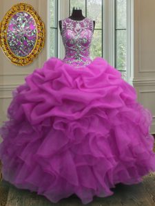 Adorable Fuchsia Ball Gowns Scoop Sleeveless Organza Floor Length Lace Up Beading and Ruffles and Pick Ups 15th Birthday