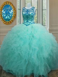 Scoop Floor Length Turquoise 15th Birthday Dress Tulle Sleeveless Beading and Ruffles