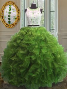 Scoop Sleeveless Organza Ball Gown Prom Dress Appliques and Ruffles Clasp Handle