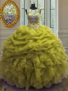 Discount Scoop Yellow Green Lace Up Sweet 16 Dress Beading and Ruffles and Pick Ups Sleeveless Floor Length