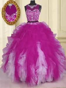 Scoop Tulle Sleeveless Floor Length 15 Quinceanera Dress and Beading and Ruffles