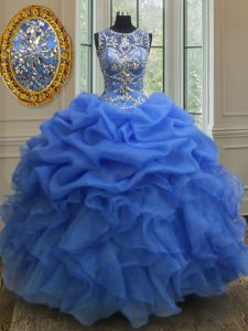Amazing Blue Lace Up Scoop Beading and Ruffles Sweet 16 Quinceanera Dress Organza Sleeveless