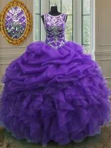Scoop Purple Ball Gowns Beading and Ruffles and Pick Ups Quinceanera Dress Lace Up Organza Sleeveless Floor Length