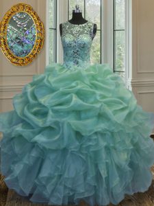 Deluxe Scoop Sleeveless Organza Floor Length Lace Up 15 Quinceanera Dress in Green with Beading and Ruffles and Pick Ups