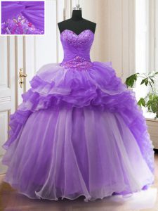 Ruffled With Train Lavender Quinceanera Dress Sweetheart Sleeveless Sweep Train Lace Up