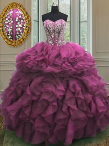 Ideal Fuchsia Sleeveless Floor Length Beading and Ruffles Lace Up Sweet 16 Dress