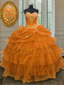 Fashion Orange Sweetheart Neckline Beading and Ruffled Layers and Pick Ups Sweet 16 Dresses Sleeveless Lace Up
