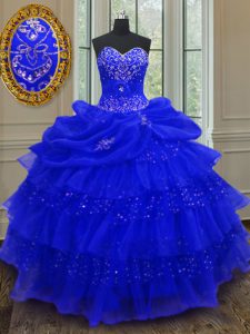 Beading and Ruffled Layers and Pick Ups Ball Gown Prom Dress Royal Blue Lace Up Sleeveless Floor Length