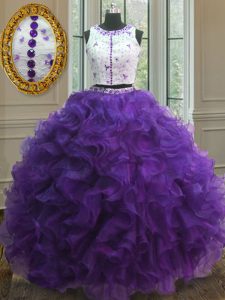 Floor Length Purple Quinceanera Gown Scoop Sleeveless Clasp Handle