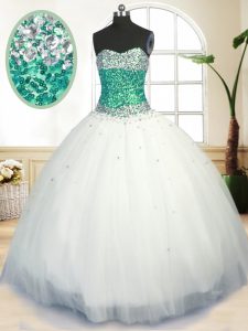 White Sleeveless Floor Length Beading Lace Up Sweet 16 Quinceanera Dress