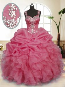 Discount Sleeveless Organza Floor Length Zipper 15th Birthday Dress in Pink with Beading and Ruffles and Pick Ups