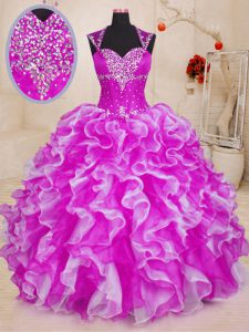 Best Selling Fuchsia Ball Gowns Organza Sweetheart Sleeveless Beading and Ruffles Floor Length Lace Up Quinceanera Gowns