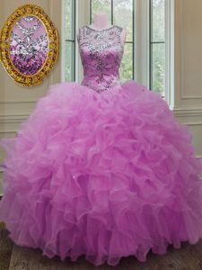 Exquisite Scoop Floor Length Lace Up Quinceanera Gowns Fuchsia for Military Ball and Sweet 16 and Quinceanera with Beadi