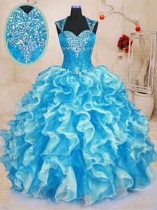 Pretty Aqua Blue Ball Gowns Sweetheart Sleeveless Organza Floor Length Lace Up Beading and Ruffles Quinceanera Dresses