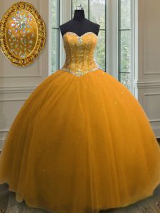 Best Selling Orange Ball Gowns Sweetheart Sleeveless Tulle Floor Length Lace Up Beading and Sequins Quinceanera Dress