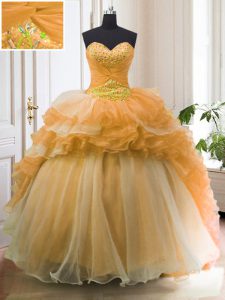 Beading and Ruffled Layers Quinceanera Gowns Orange Lace Up Sleeveless With Train Sweep Train