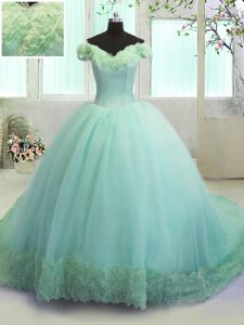 Best Off the Shoulder Turquoise Ball Gowns Hand Made Flower Quinceanera Dress Lace Up Organza Sleeveless With Train