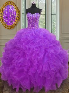 Artistic Purple Ball Gowns Organza Sweetheart Sleeveless Beading and Ruffles Floor Length Lace Up Quinceanera Dress