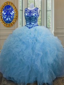 Scoop Sleeveless Floor Length Beading and Ruffles Lace Up Quinceanera Dress with Baby Blue