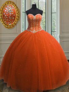Sophisticated Orange Red Ball Gowns Beading and Sequins Sweet 16 Dress Lace Up Tulle Sleeveless Floor Length