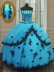 Flirting Floor Length Lace Up Quinceanera Gowns Aqua Blue for Military Ball and Sweet 16 and Quinceanera with Appliques