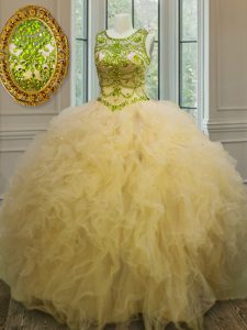 Custom Designed Scoop Sleeveless Lace Up Floor Length Beading and Ruffles Quinceanera Dresses