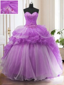 Enchanting Purple Ball Gowns Sweetheart Sleeveless Organza Sweep Train Lace Up Beading and Ruffled Layers Vestidos de Qu
