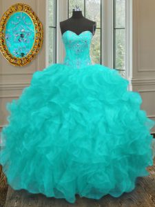 Aqua Blue Organza Lace Up Sweetheart Sleeveless Floor Length 15th Birthday Dress Beading and Embroidery and Ruffles