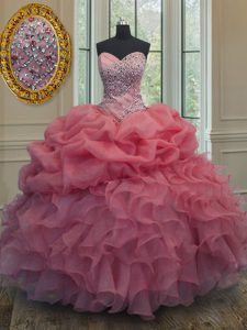 Pick Ups Pink Sleeveless Organza Lace Up Quinceanera Gowns for Military Ball and Sweet 16 and Quinceanera