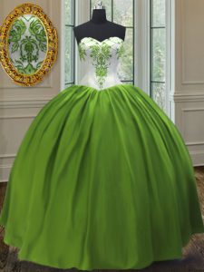 Hot Selling Sweetheart Sleeveless Sweet 16 Dress Floor Length Embroidery Olive Green Taffeta