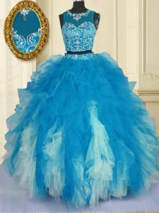 Blue And White Quinceanera Gown Military Ball and Sweet 16 and Quinceanera and For with Beading and Ruffles Scoop Sleeve