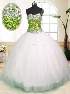 Best Selling White Sleeveless Beading Floor Length Quinceanera Gown