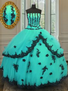 Floor Length Turquoise 15 Quinceanera Dress Strapless Sleeveless Lace Up